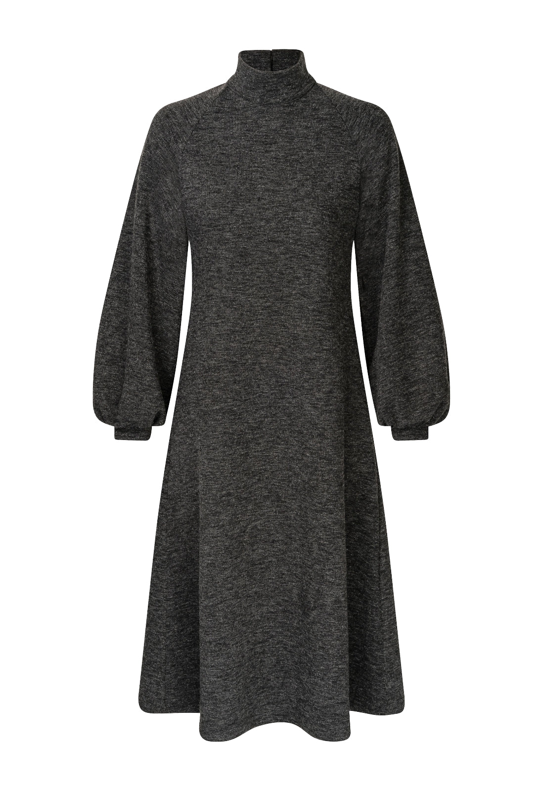 La Camicia Kleid in dunklem grau. A- Form Kleid in edler Viskose Wolle Qualität mit angenehmen Tragekomfort von La Camicia online kaufen. Schlupfkleid mit kleinem Rückendekolleté und Stehkragen aus der neuen La Camicia Kollektion.