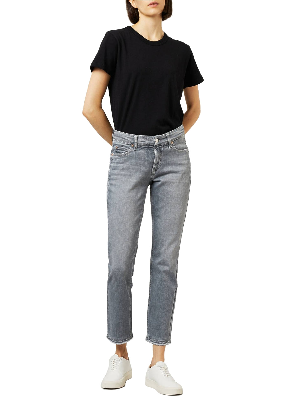 Cambio Jeans Paris in grau. Schmale 5-Pocket Hose in weicher Denimqualität von Cambio. Slim fit Jeans mit cropped Länge und offenkantigem Abschluss aus der neuen Cambio Kollektion.