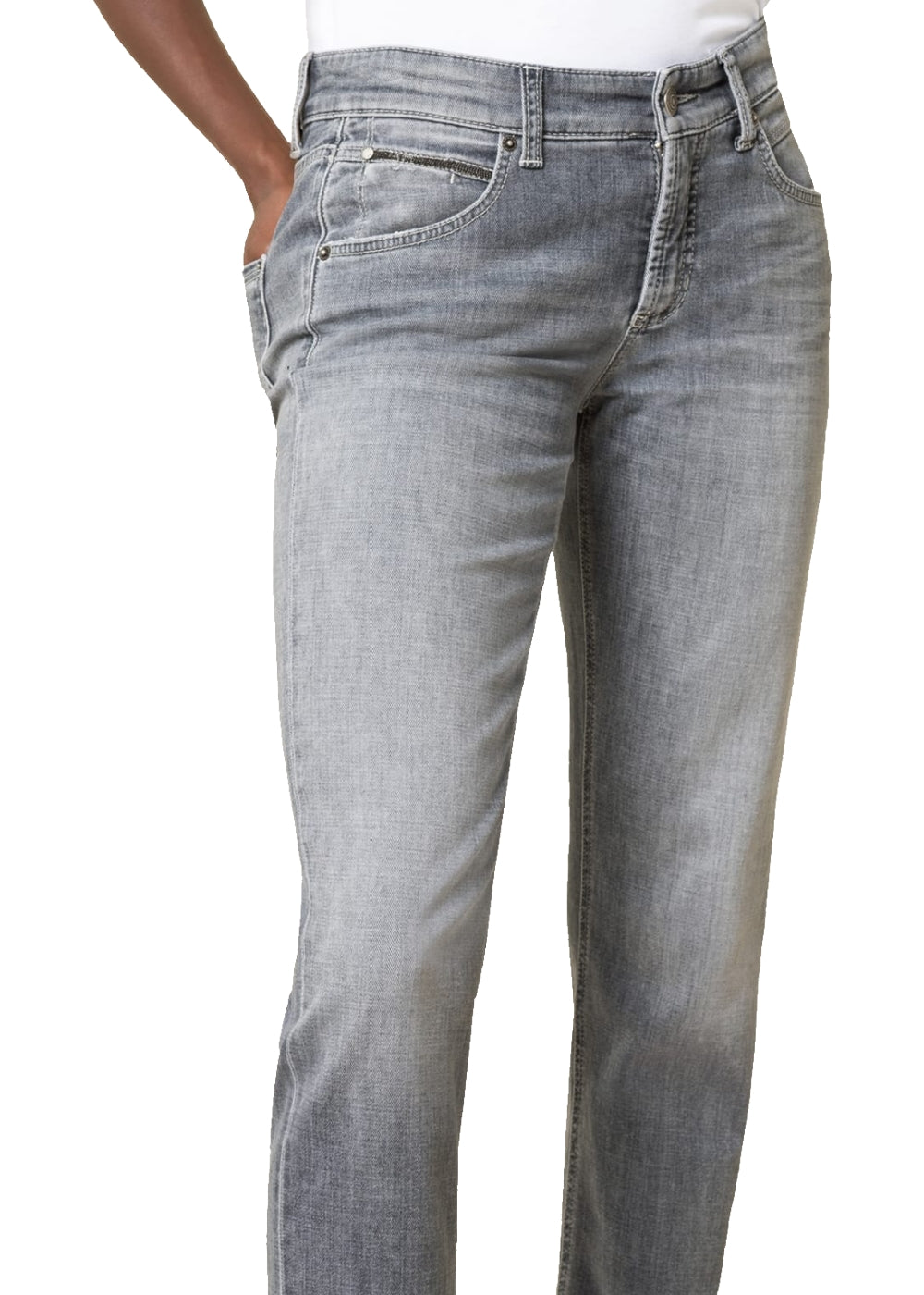 Cambio Jeans Pina short in hellgrau. Schmal geschnittene 5-Pocket Hose mit normaler Taille von Cambio online kaufen. Slim fit Jeans mit modischer 7/8 Länge und moderaten destroyed Elementen aus der neuen Cambio Kollektion.