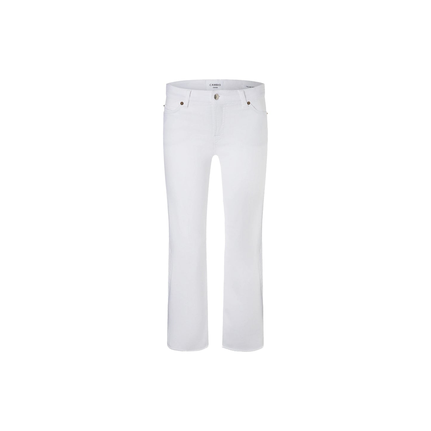 Cambio Jeans Francesca in weiß. Modische flared Jeans in weichen Sommer Denim von Cambio online kaufen. 5-Pocket Hose mit 7/8 Länge und offenkantigem Saum aus der neuen Cambio Kollektion.
