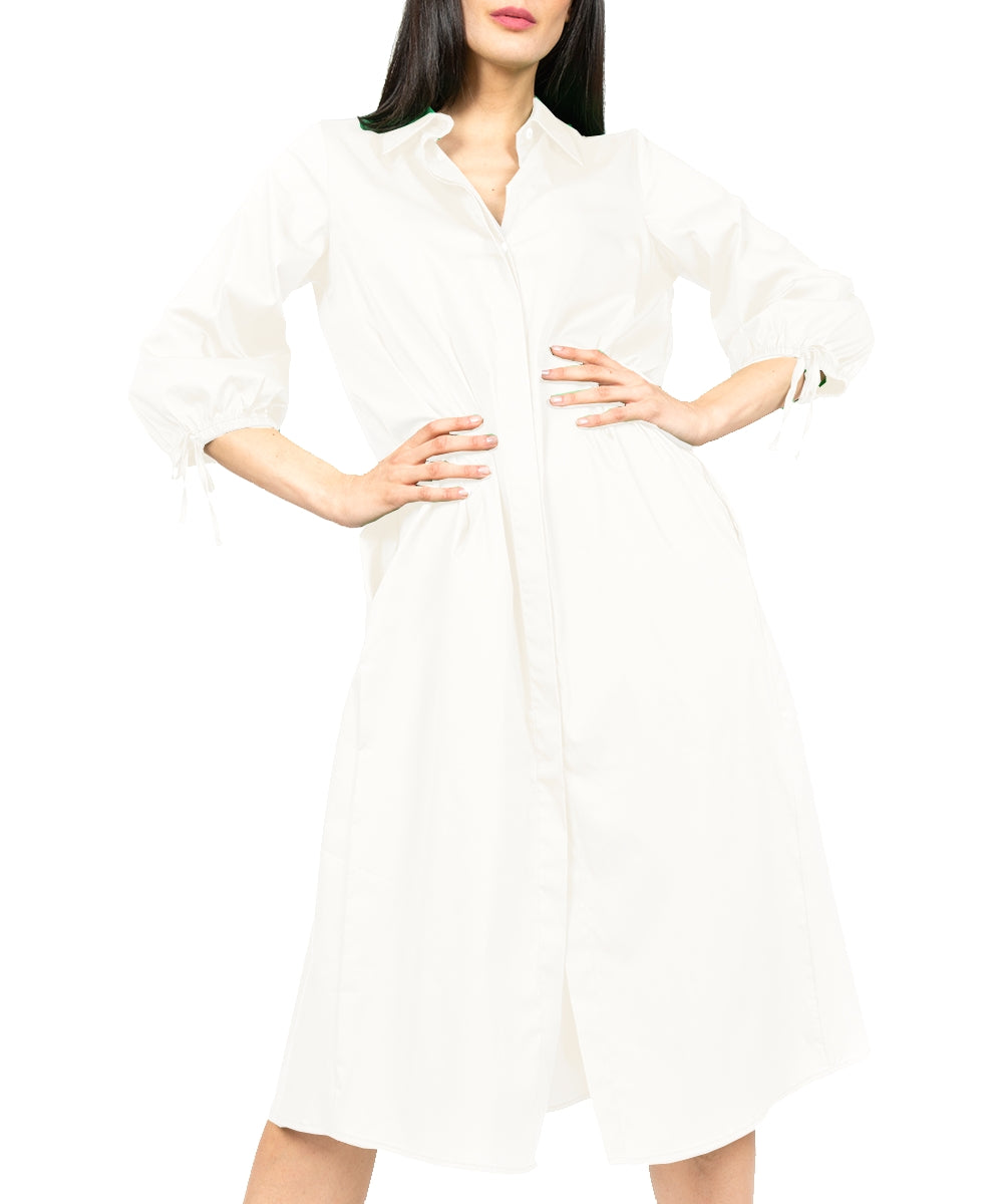  La Camicia Kleid in weiß online kaufen. Blusenkleid mit Midilänge in weicher Baumwolle Popeline mit angenehmen Tragekomfort von  La Camicia. Sommerkleid in moderaten Boho Style mit voluminösen 3/4 Ärmeln aus der neuen  La Camicia Kollektion.